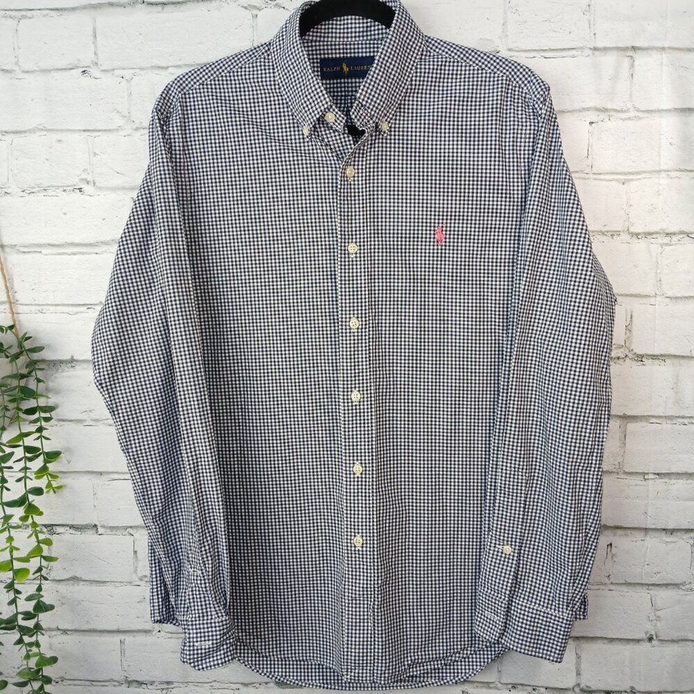 MENS RALPH LAUREN LONG SLEEVE BUTTON DOWN, NAVY AND WHITE CHECKED, SIZE MED - Picture 2 of 5